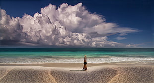 photo of person doing yoga exercise beside shore, landscape, nature, men, yoga
