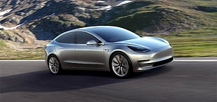 silver Tesla Model 3, Tesla Motors, Model 3, electric car, mountains HD wallpaper