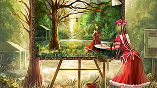 red dress anime character doing a painting outdoor wallpaper