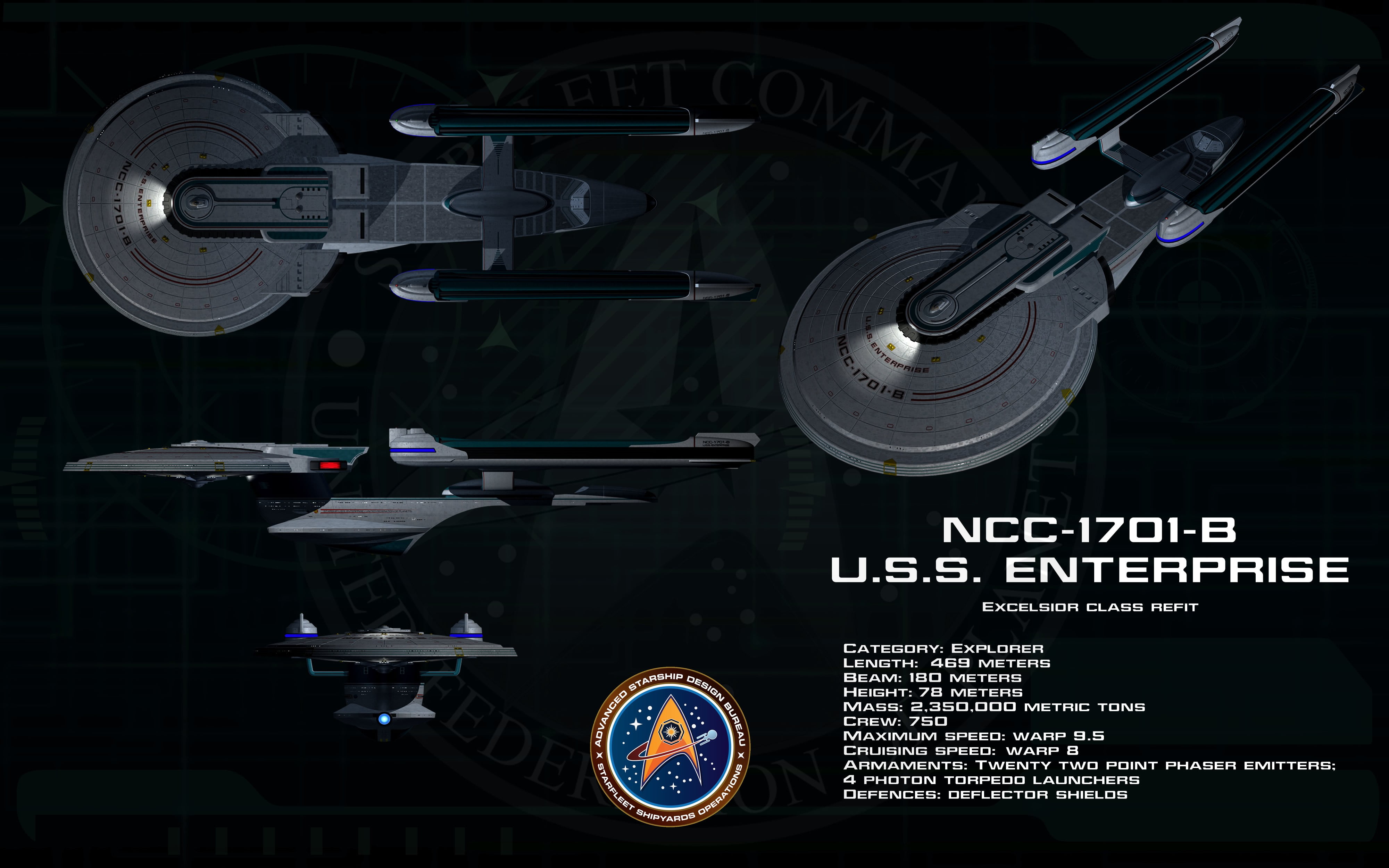 NCC-1701-B U.S.S. Enterprises illustration, Star Trek, USS Enterprise (spaceship)