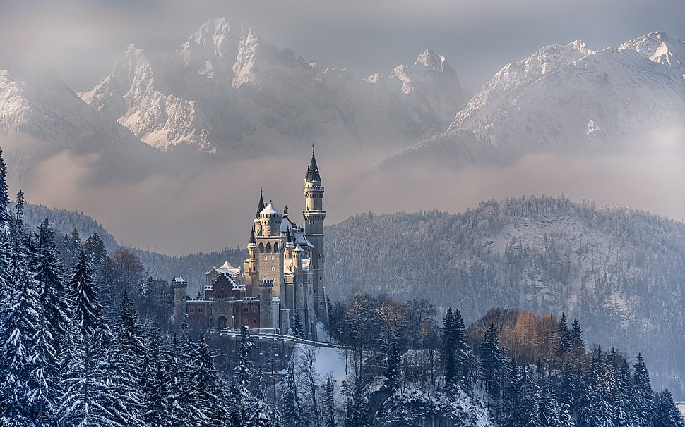 castle beside snow covered mountain, nature, landscape, mountains, forest HD wallpaper