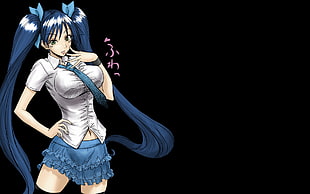 blue haired female anime illustration