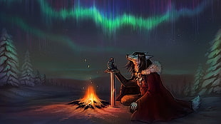 anthropomorphic wolf in front of bonfire wallpaper, furry, Anthro, fantasy art