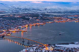 aerial photography of bridge, city, river, Tromsø, Norway HD wallpaper