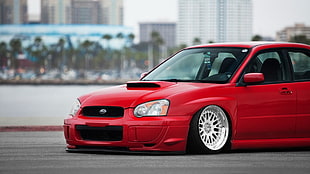red Subaru sedan, Stance, Subaru Impreza , Subaru, car
