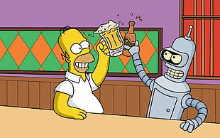 Homer Simpson and gray robot illustration, Homer Simpson, The Simpsons, Bender HD wallpaper