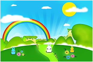 rainbow over horizon with rabbits digital wallpaper, colorful, fantasy art, rainbows, digital art