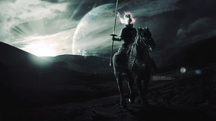 man riding horse wallpaper, digital art, warrior, planet, horse