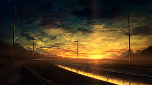 timelapse photography of road surrounded by lamp posts during sunset
