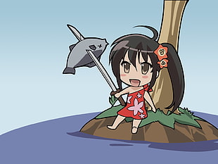 black haired girl holding sword anime character