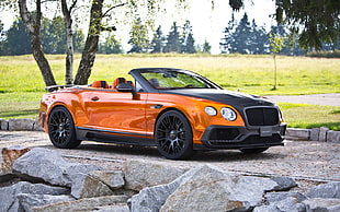 orange and black convertible on gray road path