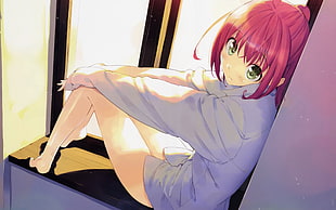 female anime character in white dress shirt sitting on window illustration