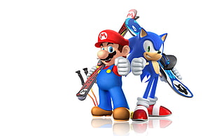 Super Mario and Sonic wall paper, Mario Bros., Sonic the Hedgehog, video games, skis