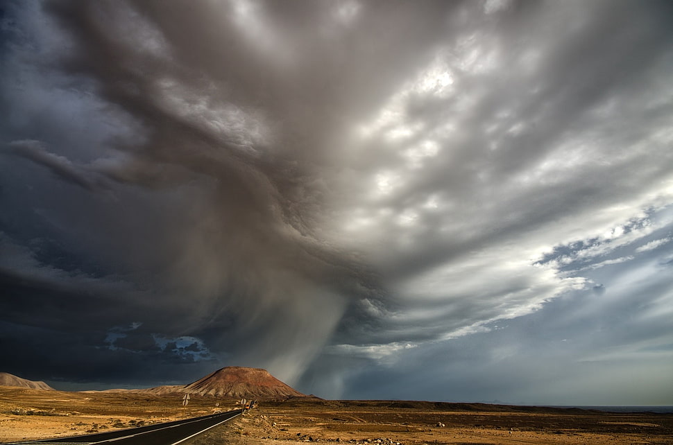 brown mountain, landscape, nature, clouds, sky HD wallpaper