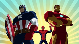 Marvel Iron Man, Spider-Man, and Captain America, Captain America, Iron Man, Spider-Man, cartoon HD wallpaper
