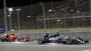 two red-and-black Formula 1 cars, Formula 1, car, Mercedes-Benz, Mercedes AMG Petronas
