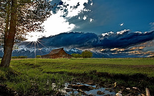 landscape photography of green field facing brown wooden house in front of tall mountain under blue sky HD wallpaper