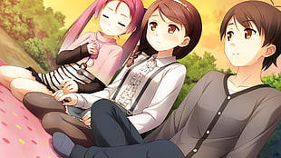 three female anime characters sitting beside each other