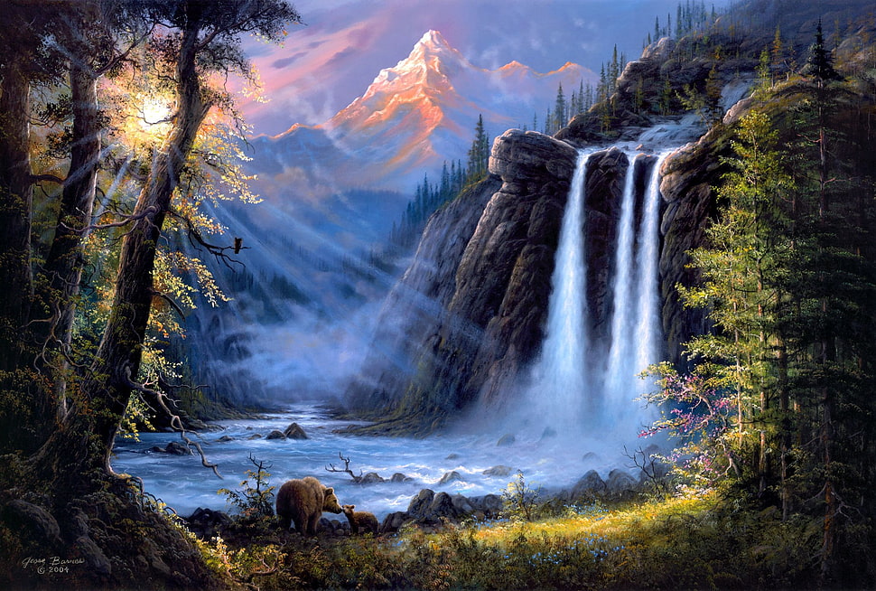 waterfalls surrounded by trees near mountain HD wallpaper