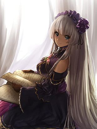 female anime character in purple off-shoulder dress digital wallpaper