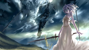 woman in white dress holding sword poster