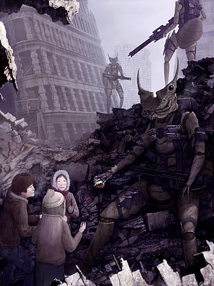 robot and people war painting, robot, apocalyptic