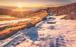 brown mountain, landscape, winter, sky, sunlight HD wallpaper