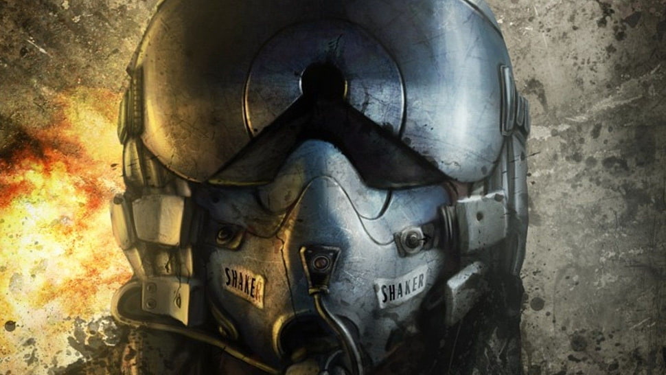 black and gray Craftsman circular saw, pilot, helmet, explosion, artwork HD wallpaper