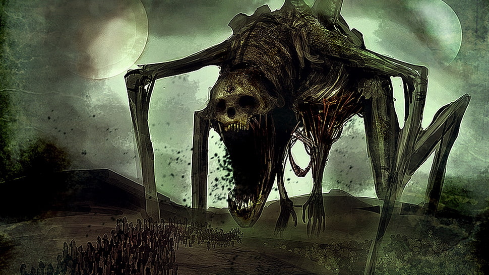 gray skeleton monster illustration, fantasy art HD wallpaper
