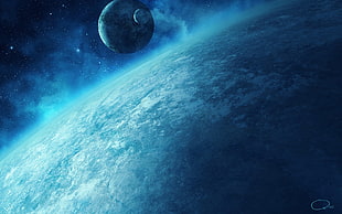 planet with moon over one larger planet illustration, planet, space, space art, QAuZ