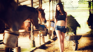 women's black crop top and blue denim short shorts, women, model, brunette, long hair HD wallpaper