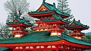 green and white pagoda, building, Japan, rooftops, architecture