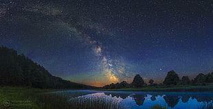 landscape photography of mountains against nebula, night, sky, night sky, galaxy HD wallpaper
