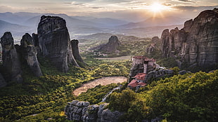 brown mountains, landscape, Greece, Meteora, monastery HD wallpaper