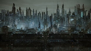 brown and gray city building painting, Dark City, cyber city, futuristic