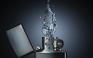 silver-colored table lamp, water, fire, zippo, lighter