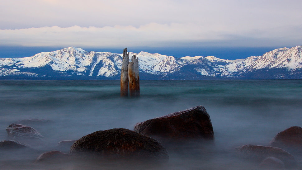 brown rocks, Lake Tahoe, mist, mountains, lake HD wallpaper