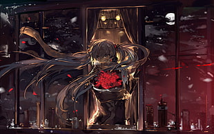 white-haired female anime character poster, black, red, love, Hatsune Miku