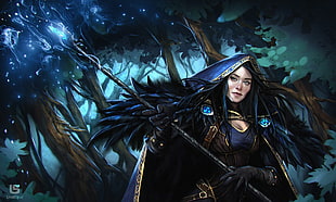 black and blue full-zip jacket, fantasy art, witch