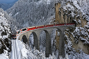 red and white train set, train, railway, bridge, winter HD wallpaper