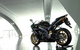 black sports bike, Yamaha YZF, motorcycle