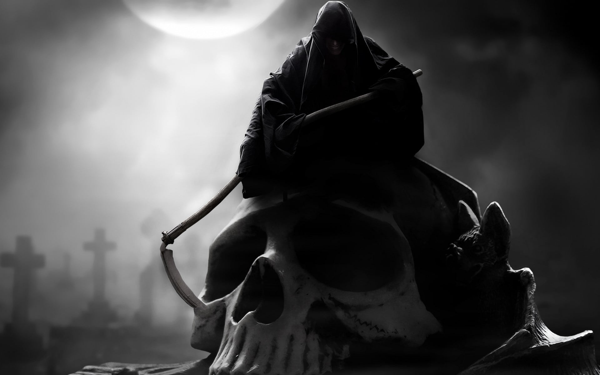 close up photo of human skull under grin reaper