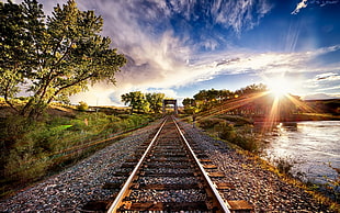 gray and brown railroad, nature, landscape, sunset, tracks