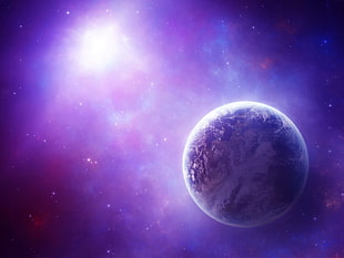 gray and blue planet illustration, space, space art, purple, planet HD wallpaper
