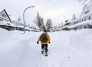 back view of man in yellow jacket with brown backpack on snowy area photo