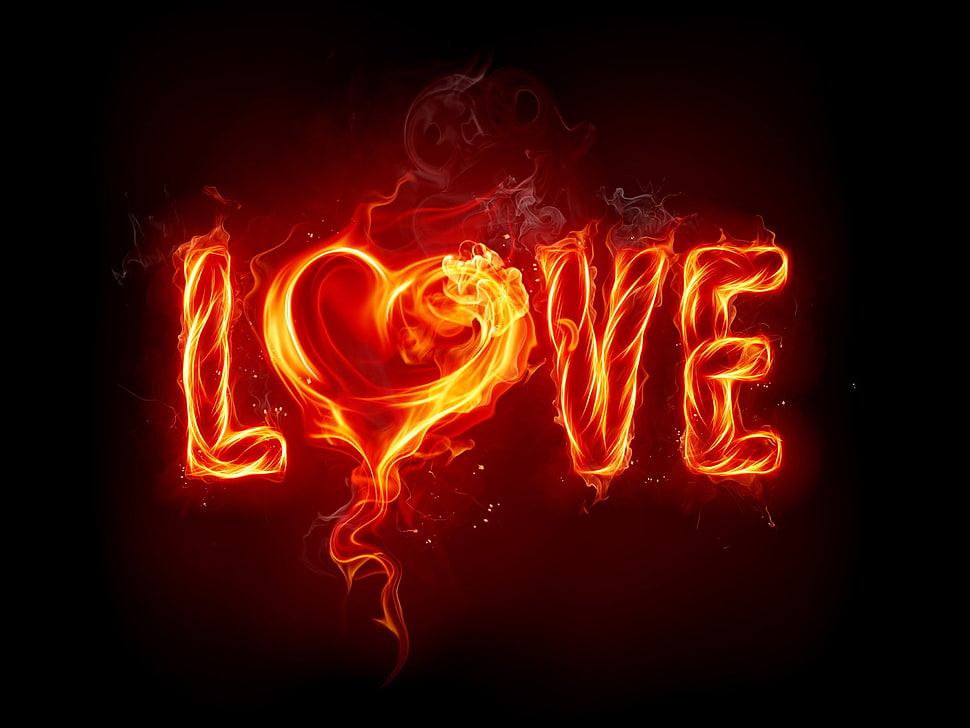 black background with love text overlay, fire, love, heart, typography HD wallpaper