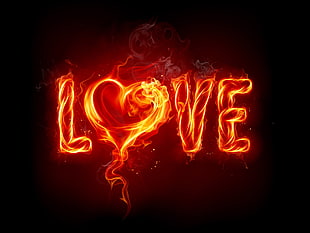 black background with love text overlay, fire, love, heart, typography