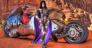 woman in purple outfit character near vehicle illustration