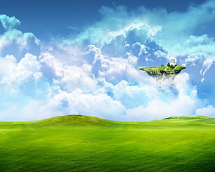 blue sky, simple background, floating island, digital art, sky