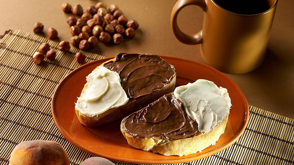 two bread slices with white and chocolate spread HD wallpaper